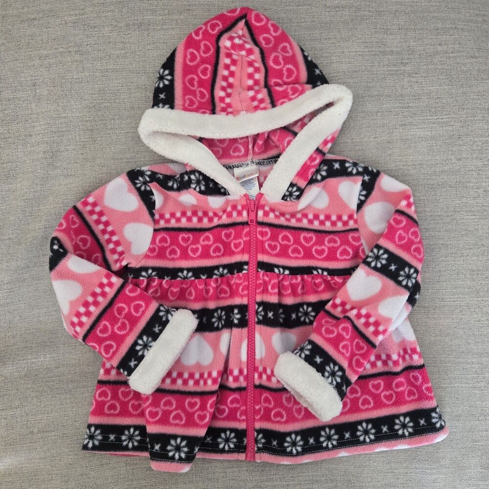Kidgets 2T Winter Fleece Hoodie Jacket Fuzzy White Trim Pink Hearts And Flowers
